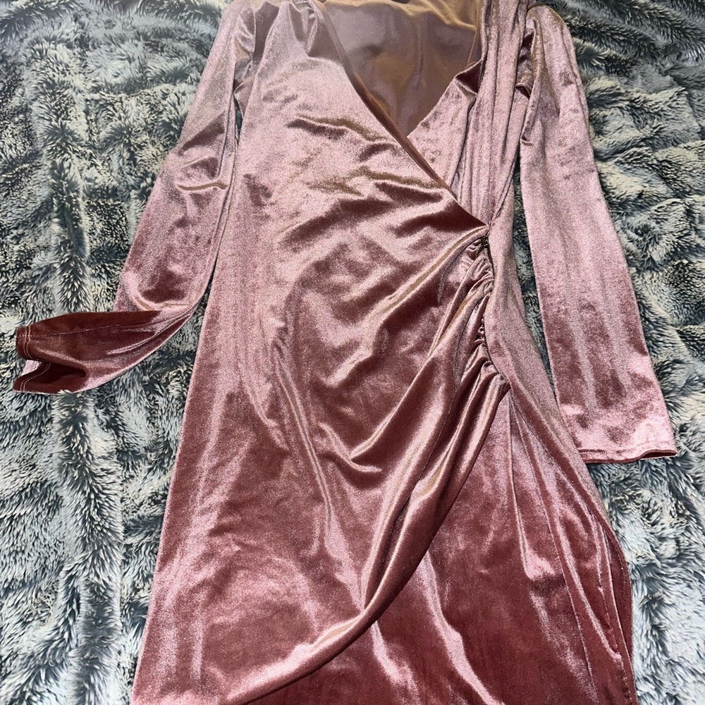 Fashion Nova Velvet Wrap Dress in Dusty Rose